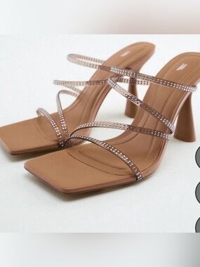 Zara Women’s Brown Strappy Rhinestone Sandal Heel NWT